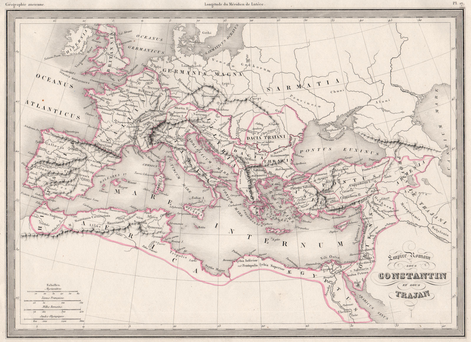 ROMAN EMPIRE. Empire Romain. Under Constantine & Trajan. MALTE-BRUN c1846 map